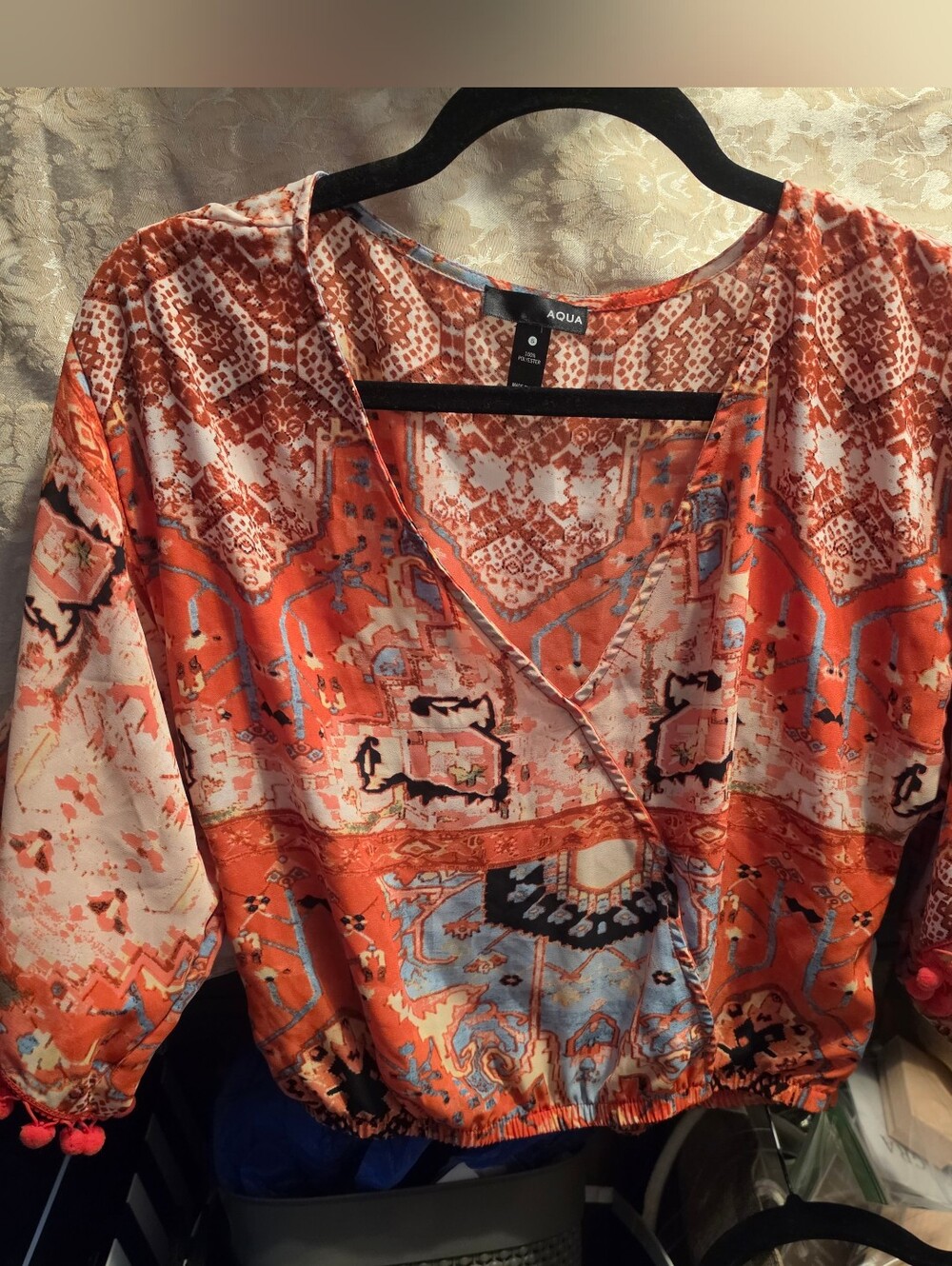 Gorgeous wrapped cropped top w bell sleeves / pompom Orangy Summer Boho Chic - Picture 2 of 4